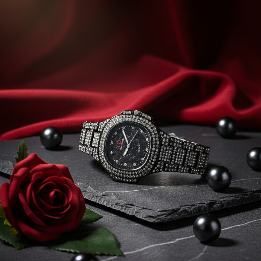 Two Toned Iced Out Quartz Movement Women's Watch – Black (No Box)